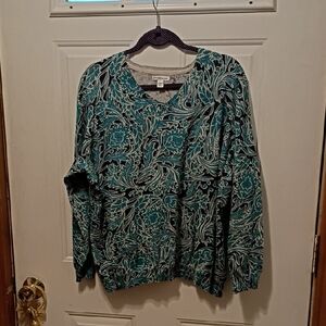 Croft & Barrow Teal and White Floral Sweater Shimmering Women's 2X Chic